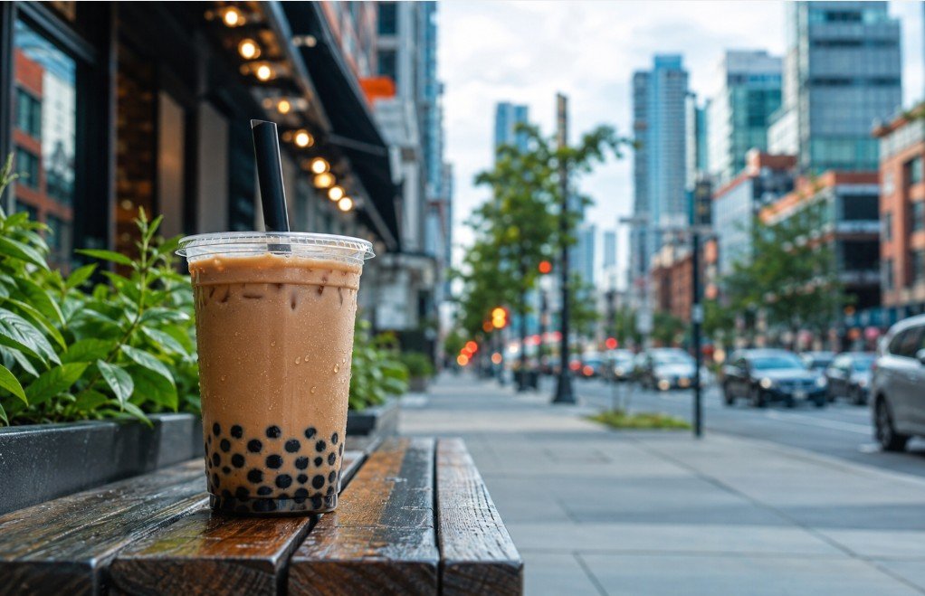 Different boba drinks in a lively city setting for local bubble tea discovery