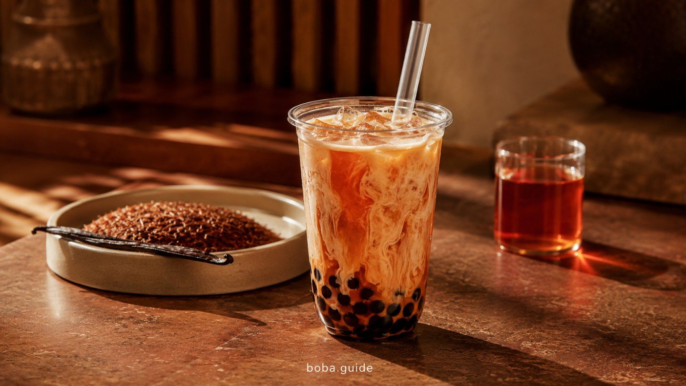 Rooibos boba with red bush milk tea, black tapioca pearls and brewed rooibos