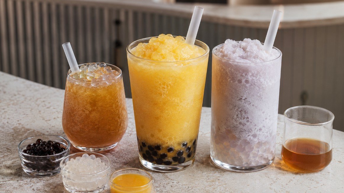 Slush boba with mango, taro and tea-based frozen drinks featuring tapioca pearls, crystal boba and jelly toppings.