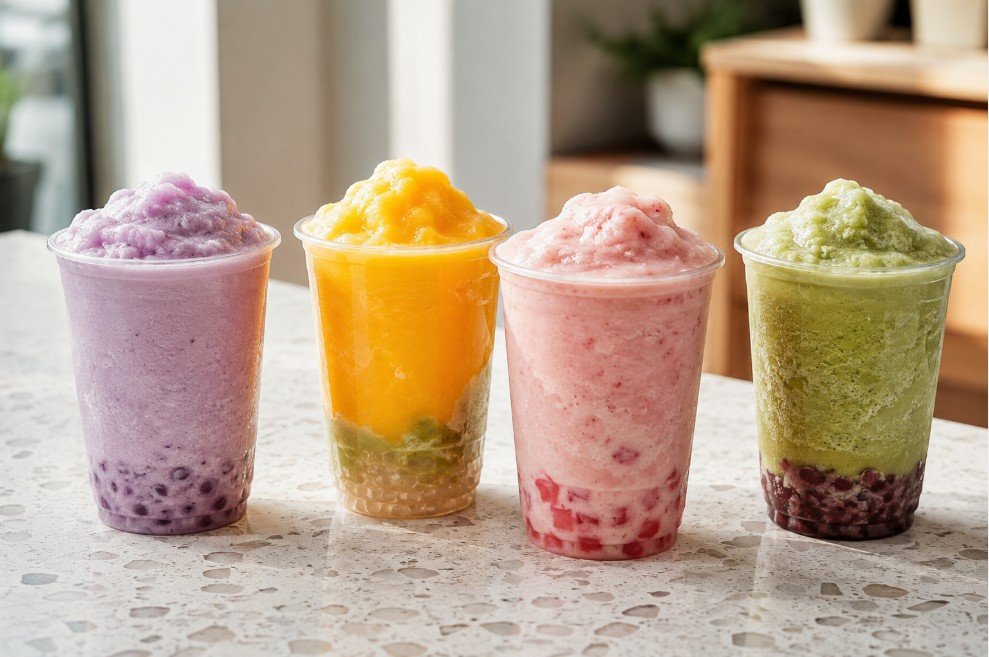 Taro, mango, strawberry and matcha blended boba drinks