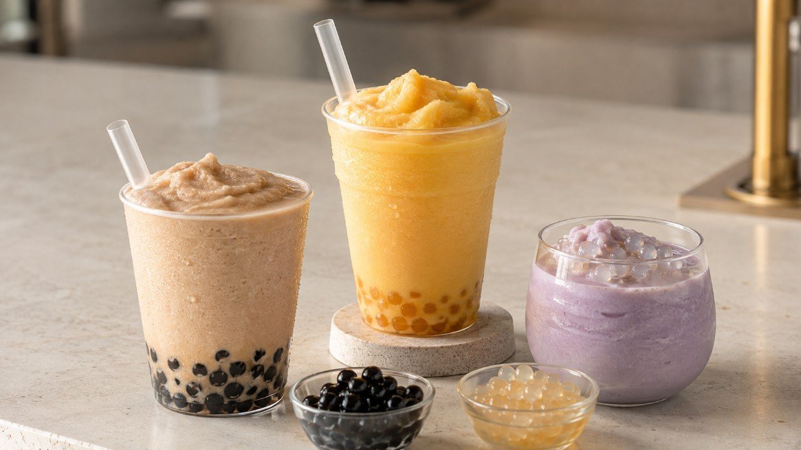 Three smoothie boba styles with creamy milk-tea smoothie, mango fruit smoothie and taro smoothie with tapioca and crystal boba.