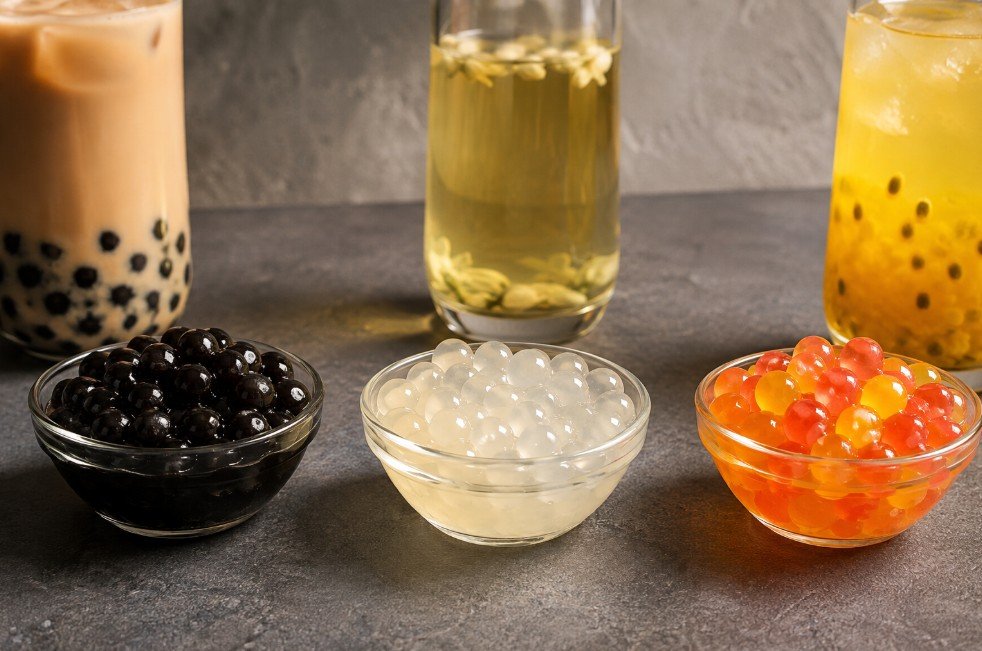 Tapioca pearls, crystal boba and popping boba compared by appearance and texture