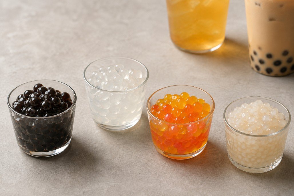 Traditional tapioca, crystal boba, popping boba and sago compared by appearance