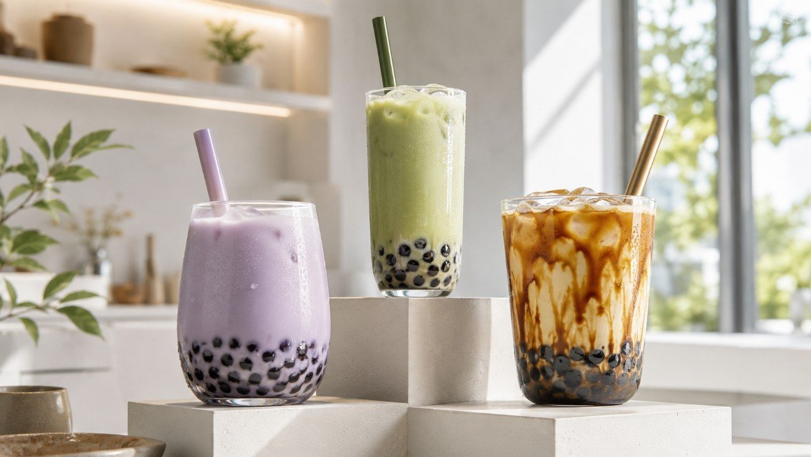 Taro, matcha and brown sugar boba drinks compared