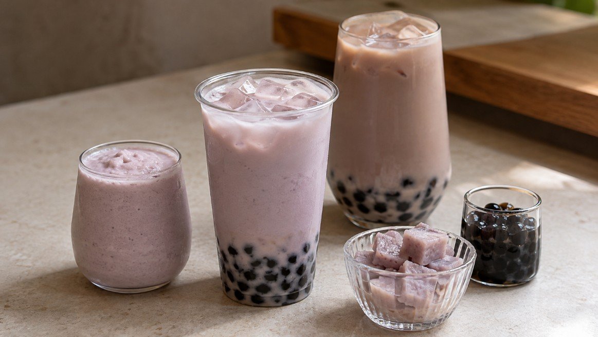 Taro milk tea with black tapioca pearls, darker tea-based taro and a lighter creamy taro variation