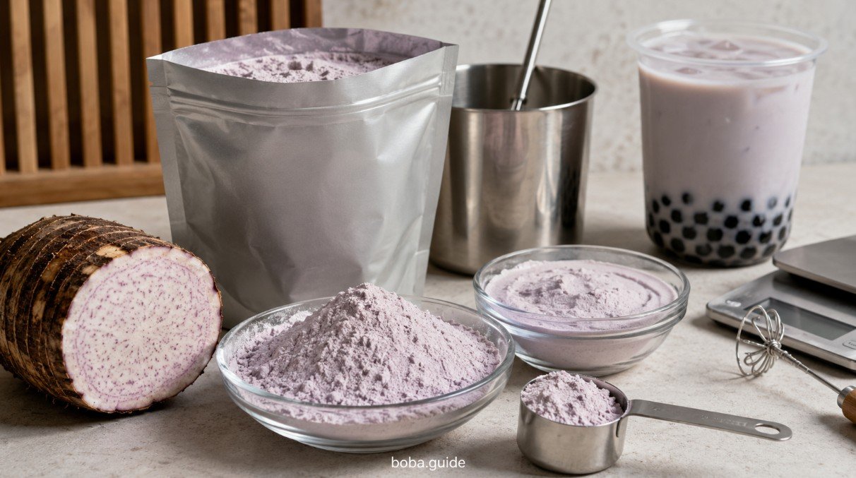 Taro powder for boba with fresh taro root, measuring scoop and taro bubble tea