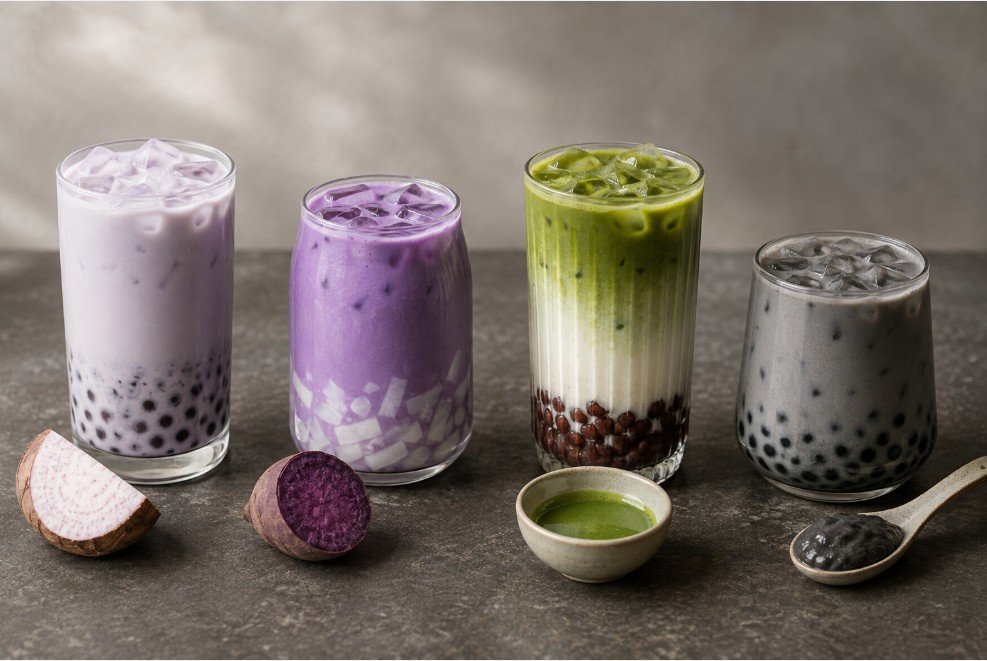 Taro, ube, matcha and black sesame bubble tea flavors compared side by side