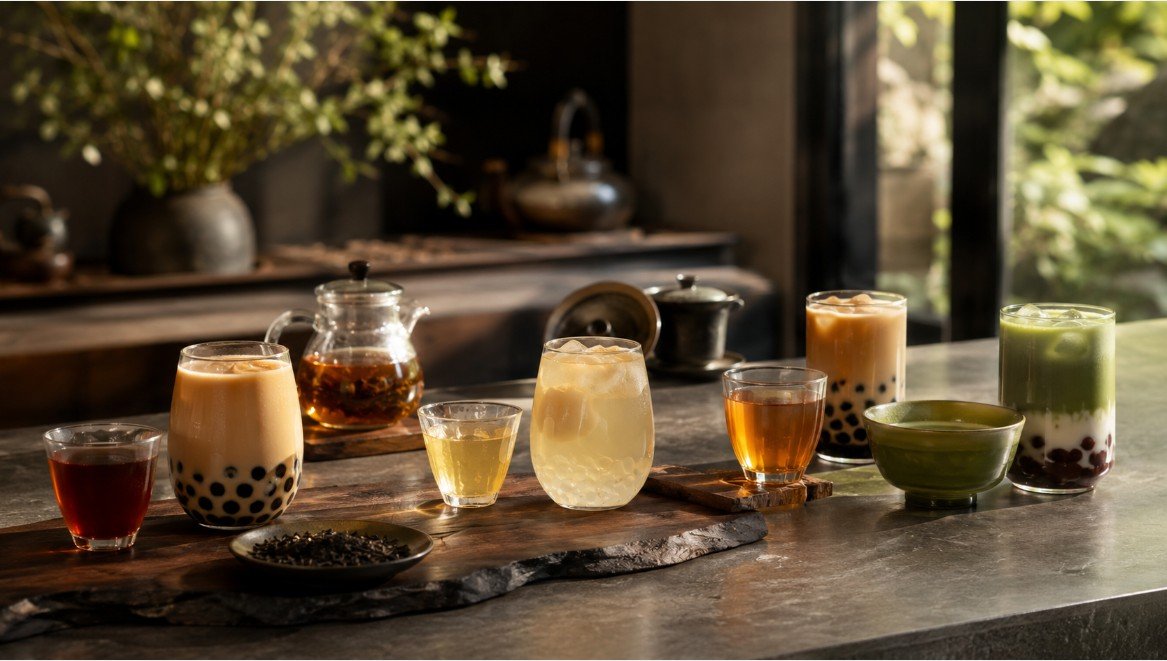 Black tea, jasmine tea, roasted oolong and matcha shown beside finished boba drinks