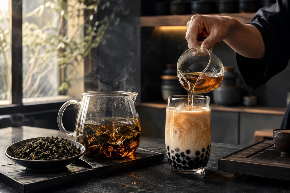 Loose oolong leaves, freshly brewed tea and oolong milk tea with tapioca pearls