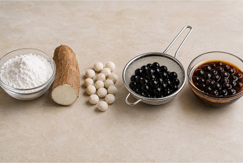 Tapioca starch, cassava, uncooked dough pearls and cooked boba in brown sugar syrup