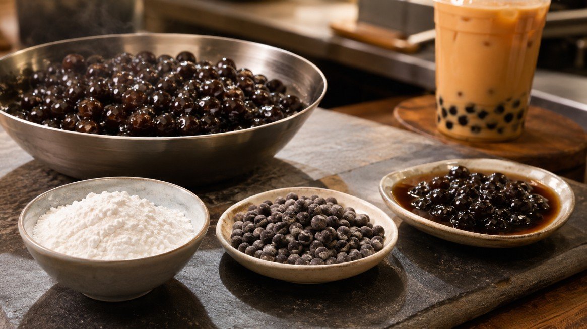 Boba pearls shown from tapioca starch to uncooked pearls and cooked tapioca pearls in a tea shop setting.