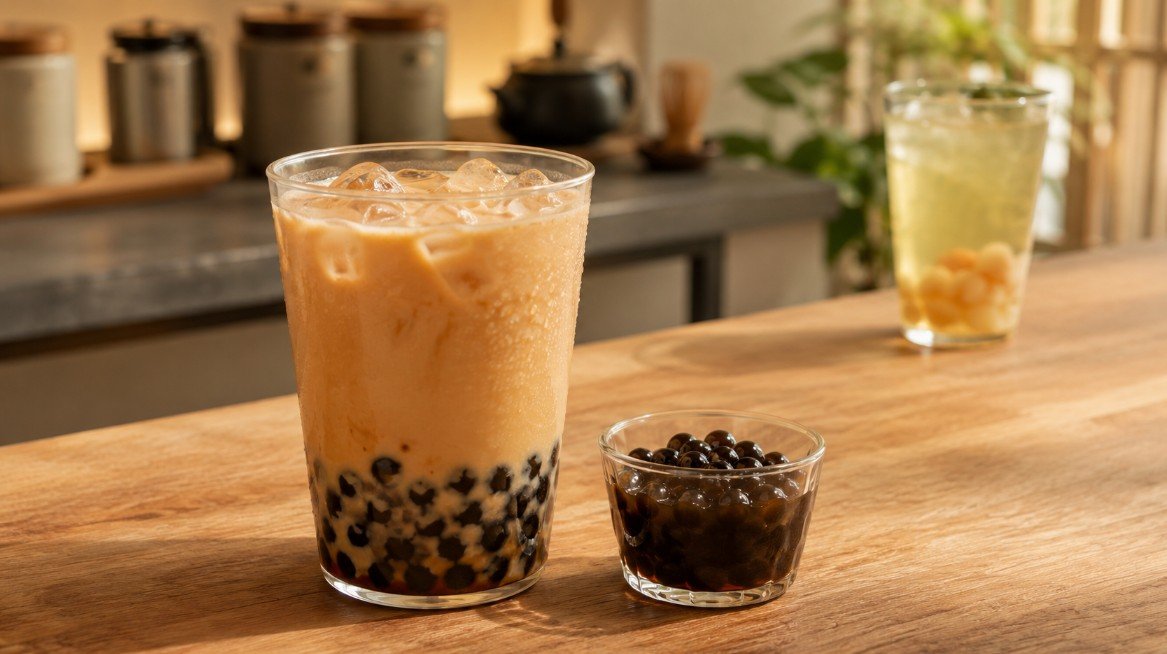 What does boba mean: classic milk tea with black tapioca pearls and a separate serving of boba pearls