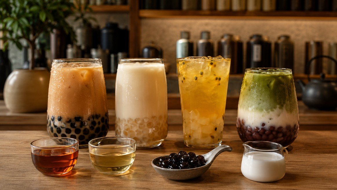 Four different boba drinks showing roasted, floral, fruity and earthy flavor profiles with tea, milk and tapioca pearls.