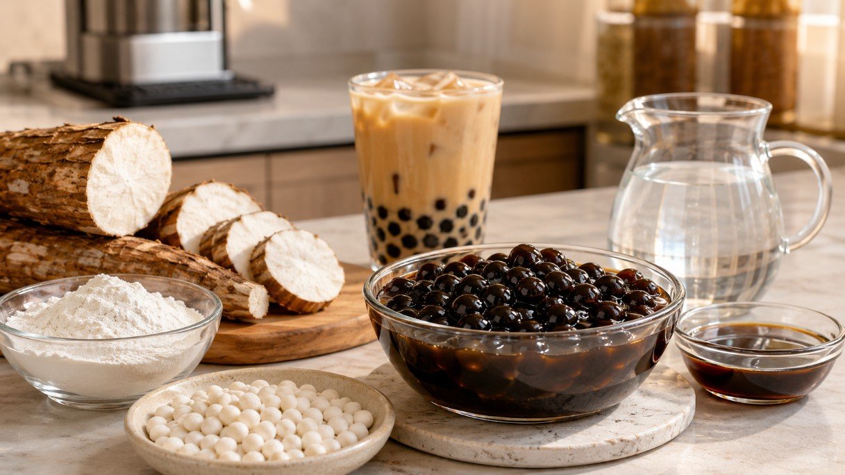 Cassava root, tapioca starch, uncooked tapioca dough pearls, brown sugar syrup and cooked black boba pearls beside milk tea.