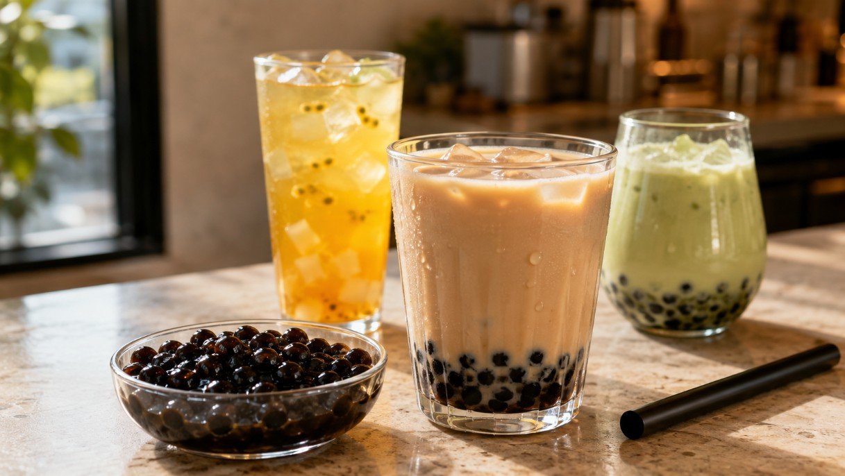 Traditional tapioca pearls beside classic milk tea and other bubble tea styles explaining what boba means
