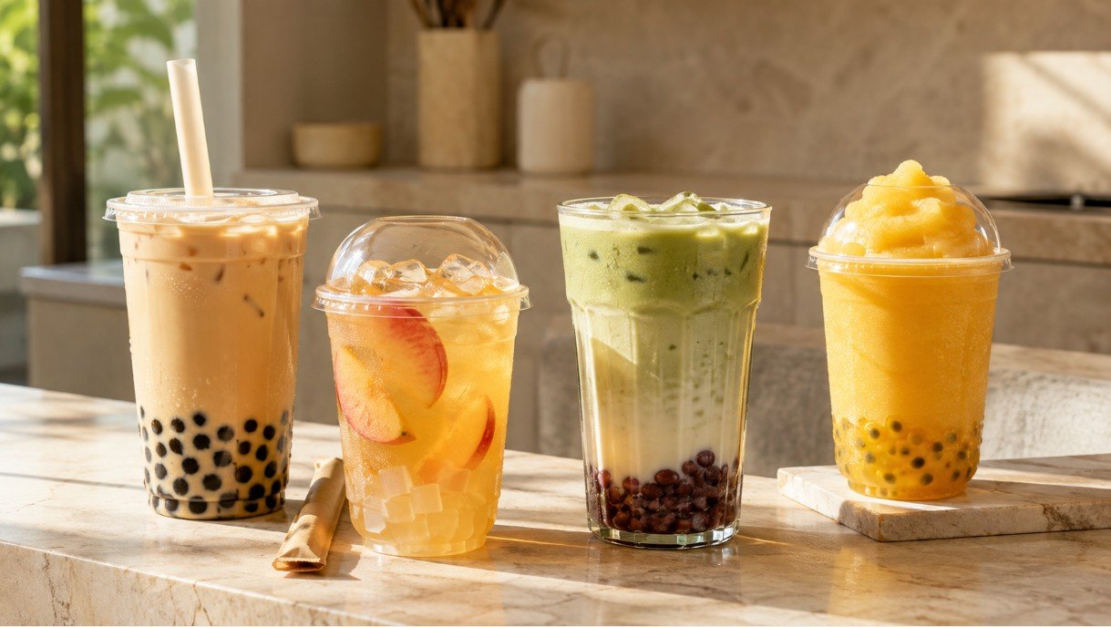 Milk tea, fruit tea, fresh milk and mango slush showing the variety of bubble tea