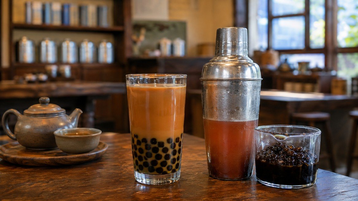 Taiwanese pearl milk tea beside a tea shaker, cooked tapioca pearls and traditional tea service representing the origin of boba in Taiwan