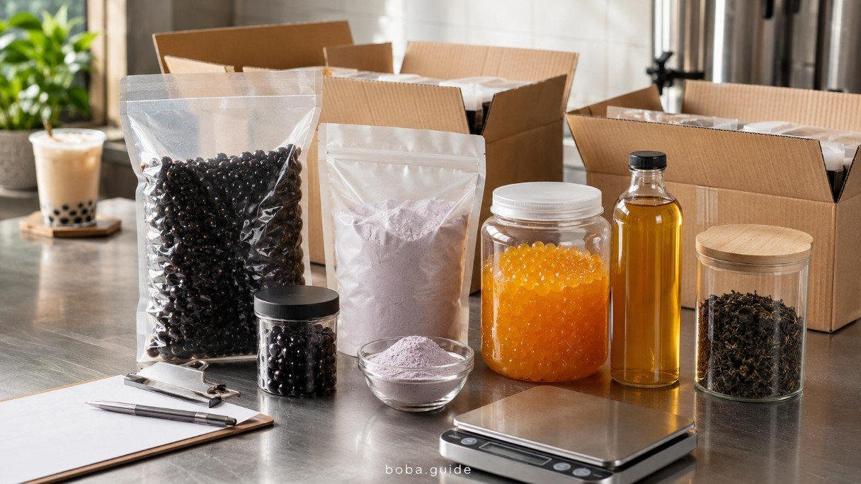 Boba ingredients in retail and food-service packages including tapioca pearls, powders, tea, syrup and popping boba