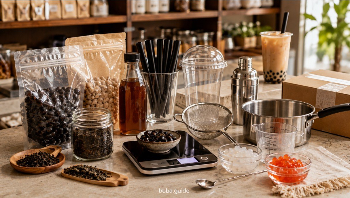 Boba supplies including tapioca pearls, tea, cups, wide straws, toppings and preparation tools