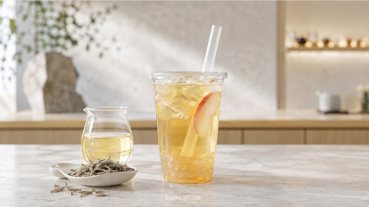 White tea boba with pale golden tea, crystal boba, ice and a light fruit accent