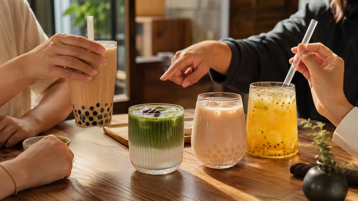 Friends choosing different bubble tea drinks with tapioca pearls, fruit tea, matcha and jelly showing boba’s variety, texture and social appeal