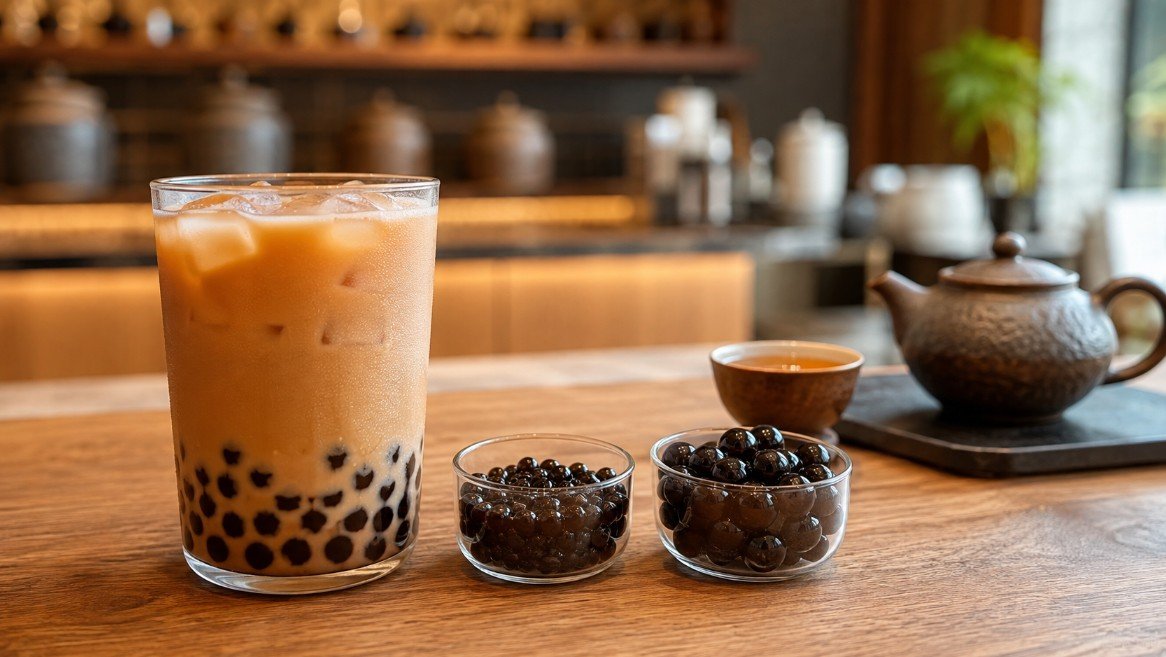 Taiwanese milk tea with large black tapioca pearls beside smaller and larger pearl samples illustrating why it is called boba