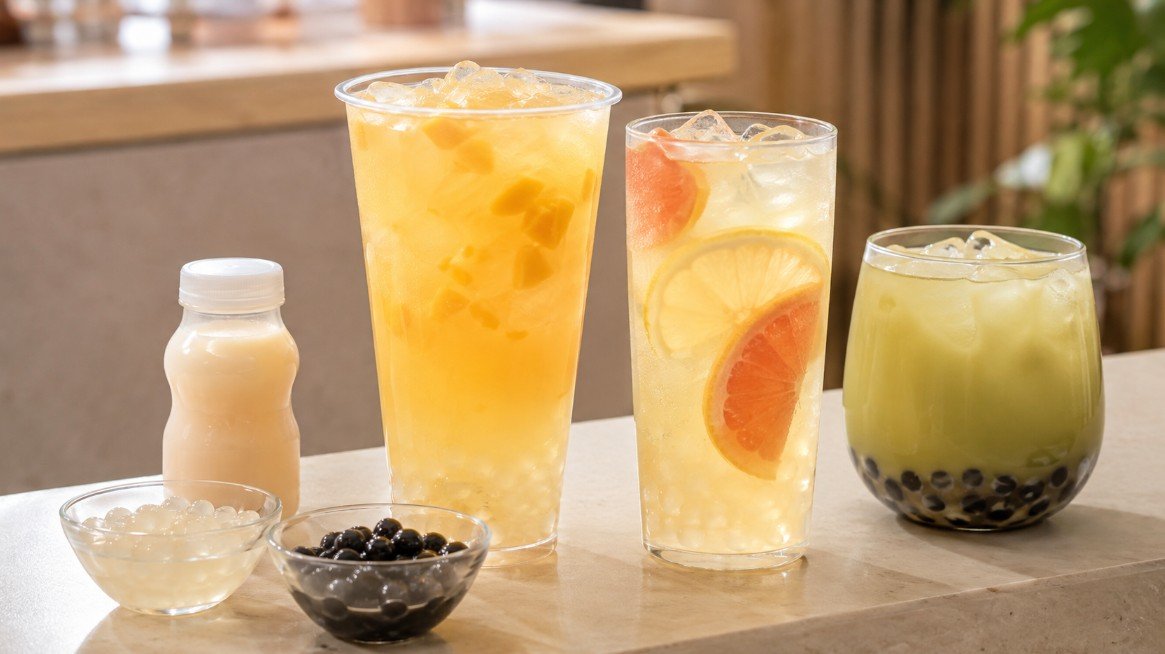 Yakult boba with mango, citrus and green tea variations served with crystal boba, jelly and tapioca pearls.